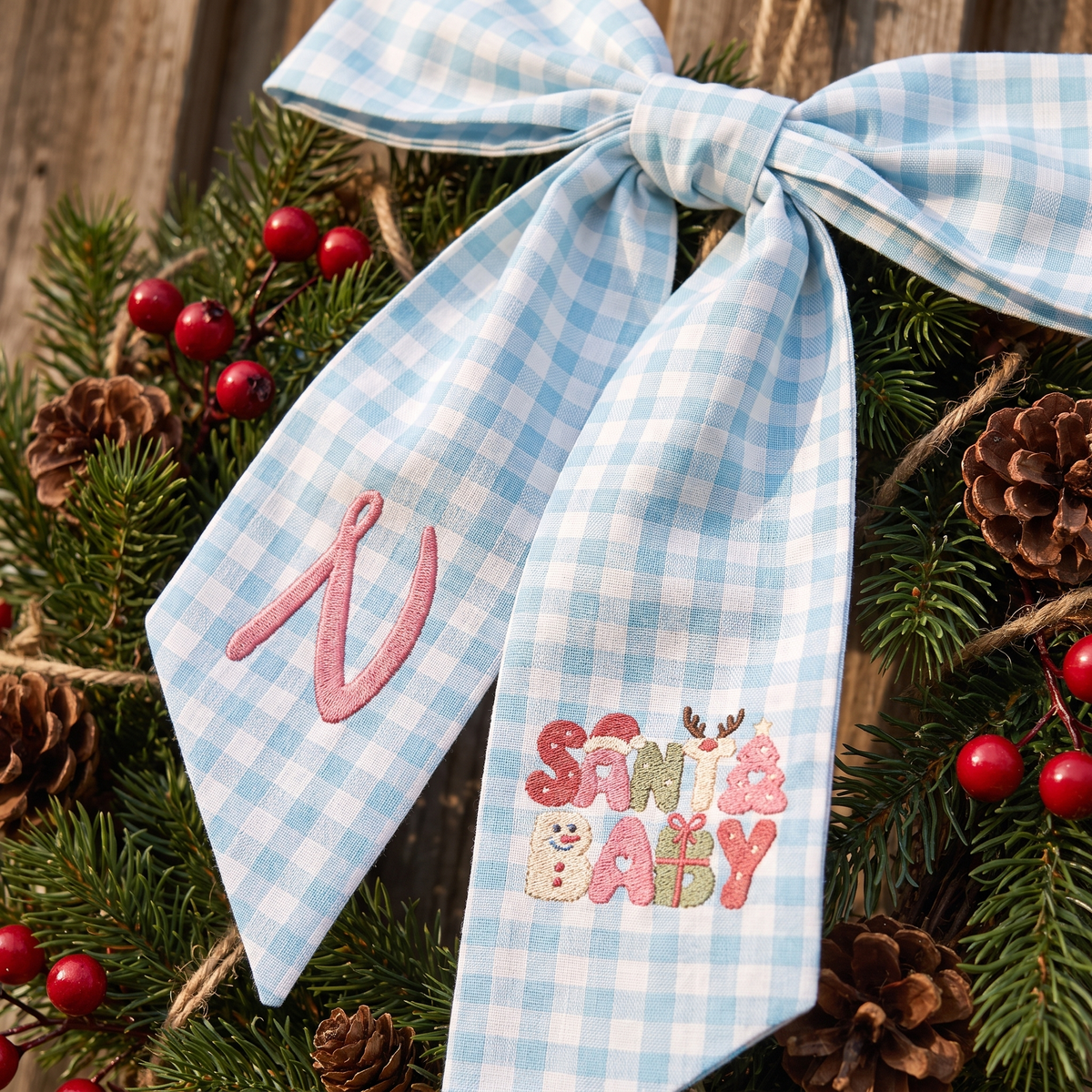 Custom Monogram Santa Baby Embroidered Linen Door Wreath Sash, Personalized Initial Retro Typography Reindeer Pink Tree Holiday Wreath Sash & Front Door Decor