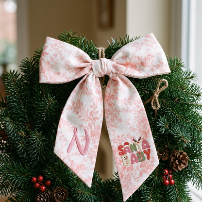 Custom Monogram Santa Baby Embroidered Linen Door Wreath Sash, Personalized Initial Retro Typography Reindeer Pink Tree Holiday Wreath Sash & Front Door Decor