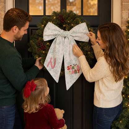 Custom Monogram Santa Baby Embroidered Linen Door Wreath Sash, Personalized Initial Retro Typography Reindeer Pink Tree Holiday Wreath Sash & Front Door Decor