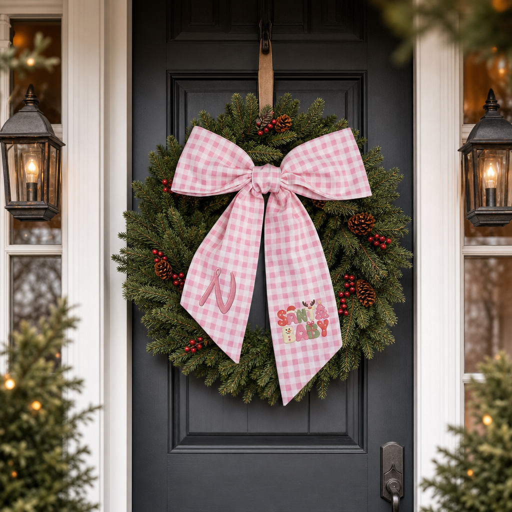 Custom Monogram Santa Baby Embroidered Linen Door Wreath Sash, Personalized Initial Retro Typography Reindeer Pink Tree Holiday Wreath Sash & Front Door Decor