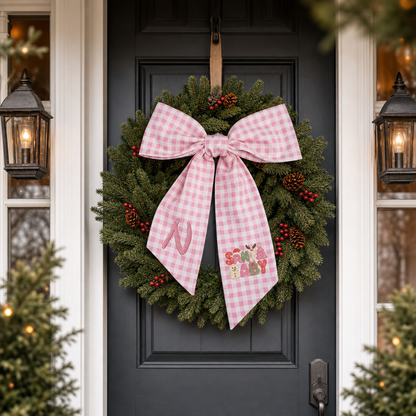 Custom Monogram Santa Baby Embroidered Linen Door Wreath Sash, Personalized Initial Retro Typography Reindeer Pink Tree Holiday Wreath Sash & Front Door Decor