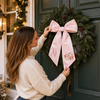 Custom Monogram Santa Baby Embroidered Linen Door Wreath Sash, Personalized Initial Retro Typography Reindeer Pink Tree Holiday Wreath Sash & Front Door Decor