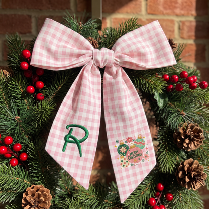 Custom Monogram Merry Christmas Ornaments Embroidered Linen Door Wreath Sash, Personalized Initial Festive Baubles Floral Holiday Wreath Sash & Front Door Decor