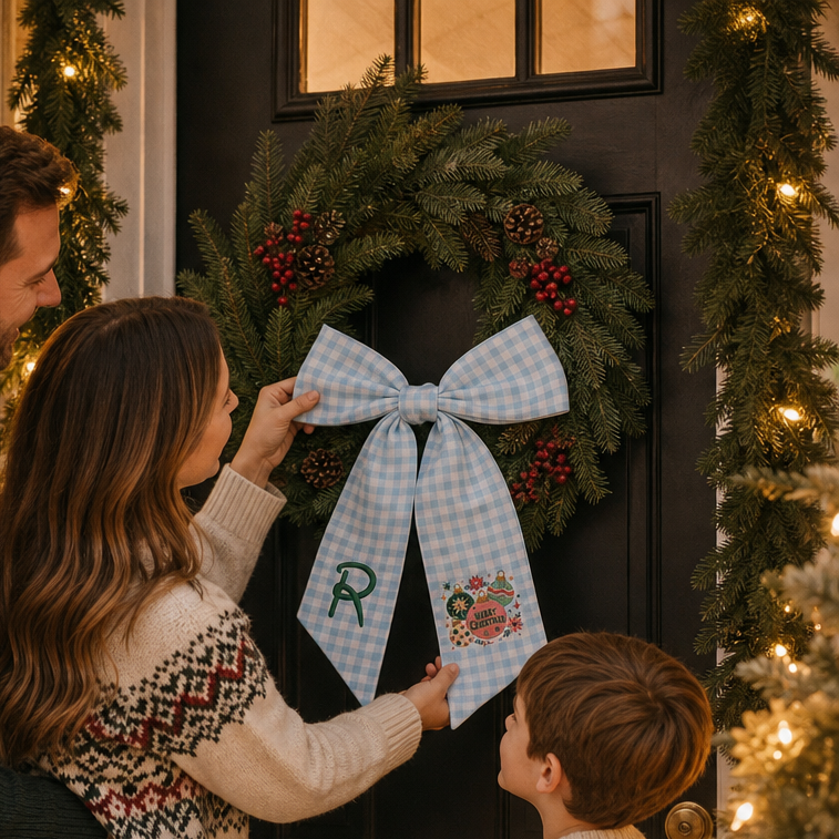 Custom Monogram Merry Christmas Ornaments Embroidered Linen Door Wreath Sash, Personalized Initial Festive Baubles Floral Holiday Wreath Sash & Front Door Decor