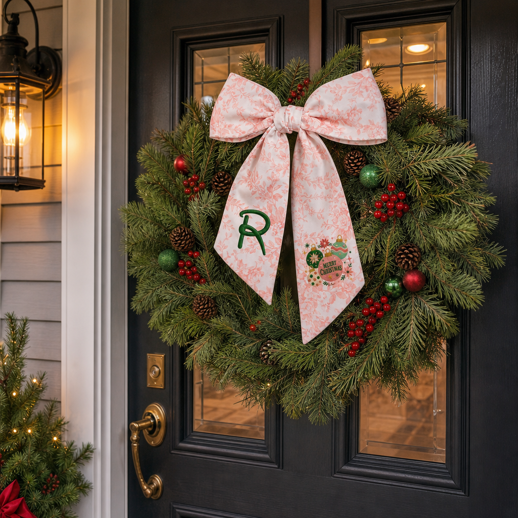 Custom Monogram Merry Christmas Ornaments Embroidered Linen Door Wreath Sash, Personalized Initial Festive Baubles Floral Holiday Wreath Sash & Front Door Decor