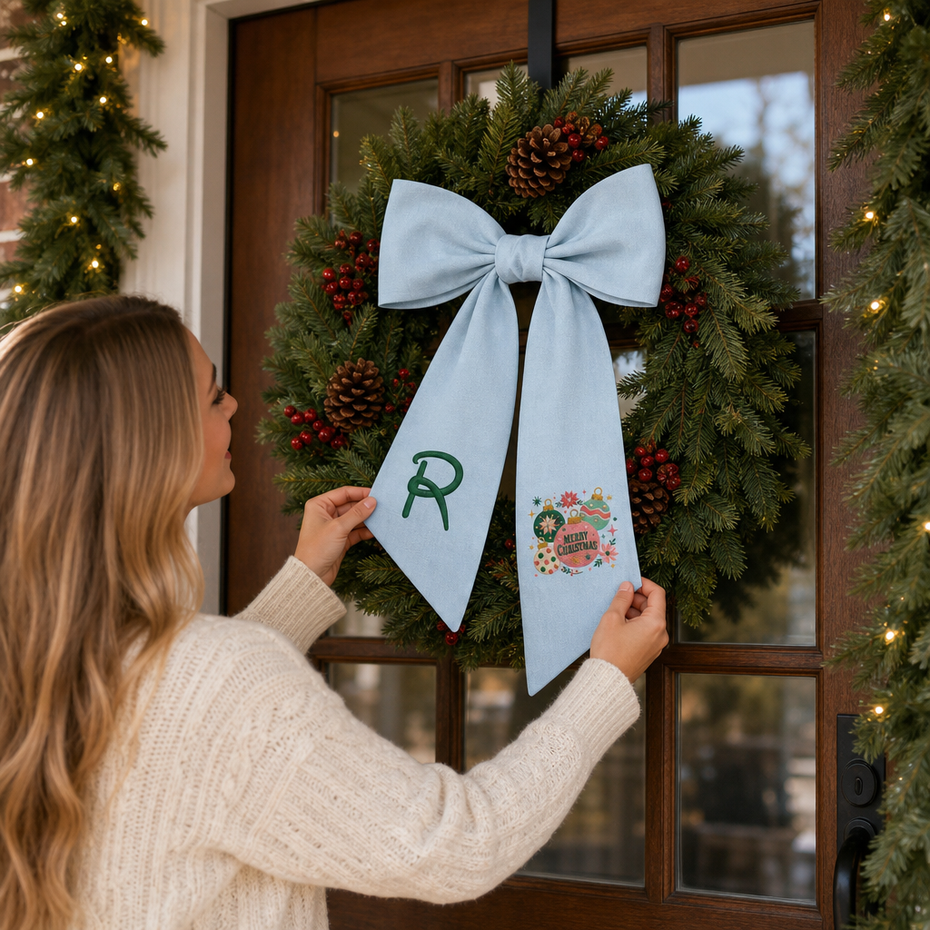 Custom Monogram Merry Christmas Ornaments Embroidered Linen Door Wreath Sash, Personalized Initial Festive Baubles Floral Holiday Wreath Sash & Front Door Decor