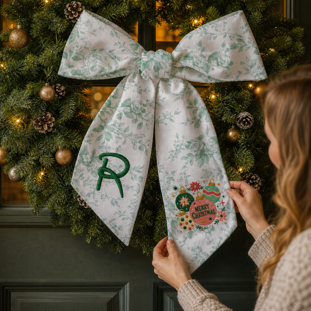 Custom Monogram Merry Christmas Ornaments Embroidered Linen Door Wreath Sash, Personalized Initial Festive Baubles Floral Holiday Wreath Sash & Front Door Decor