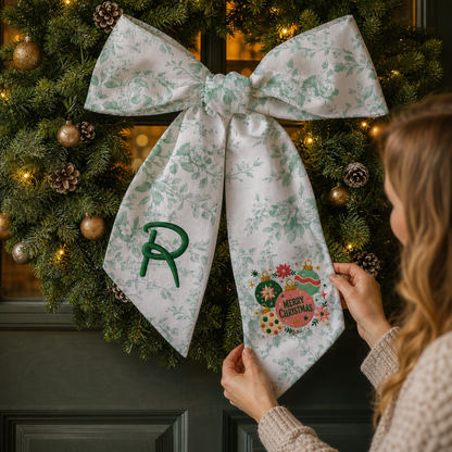 Custom Monogram Merry Christmas Ornaments Embroidered Linen Door Wreath Sash, Personalized Initial Festive Baubles Floral Holiday Wreath Sash & Front Door Decor