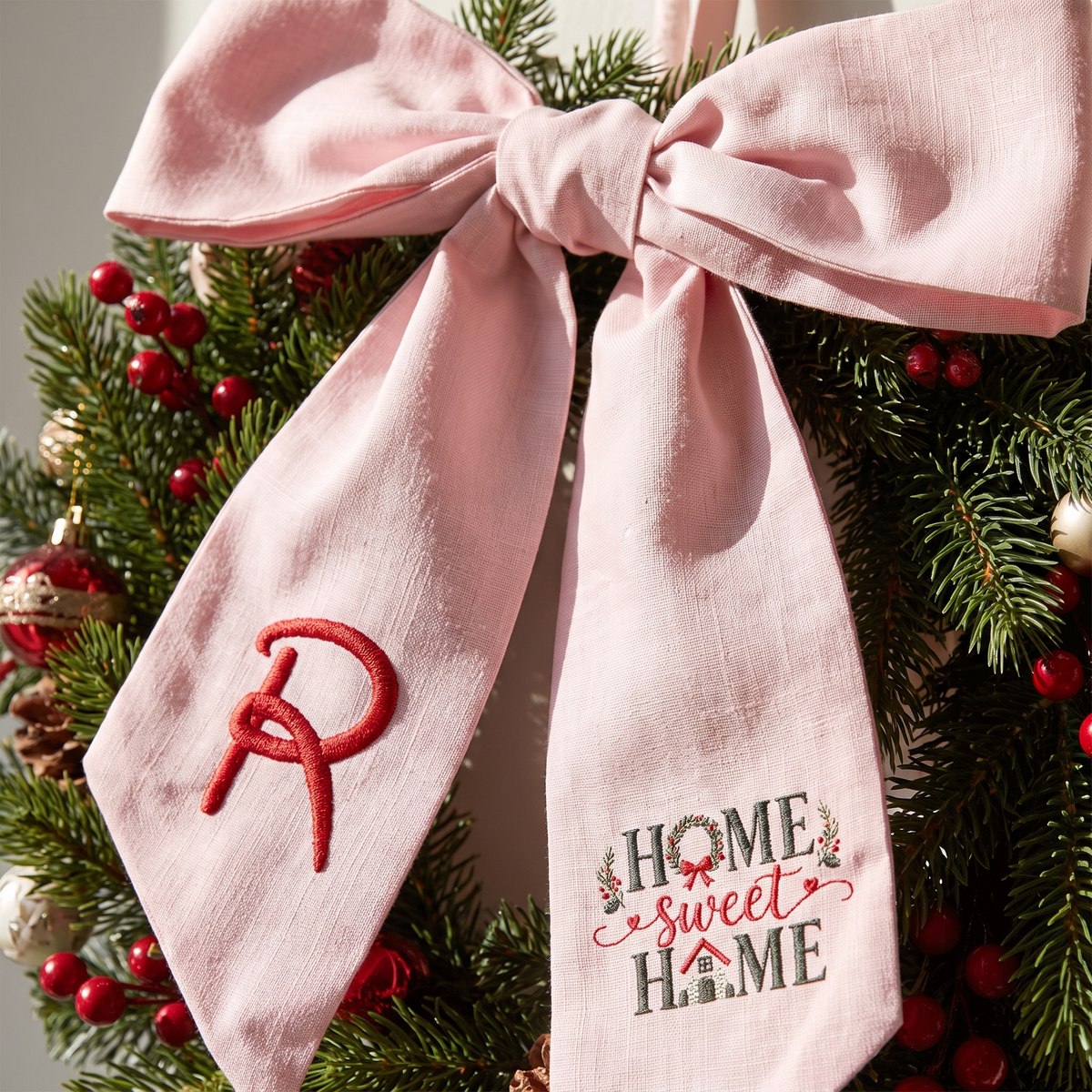 Custom Monogram Home Sweet Home Embroidered Linen Door Wreath Sash, Personalized Initial Wreath House Typography Holiday Wreath Sash & Front Door Decor
