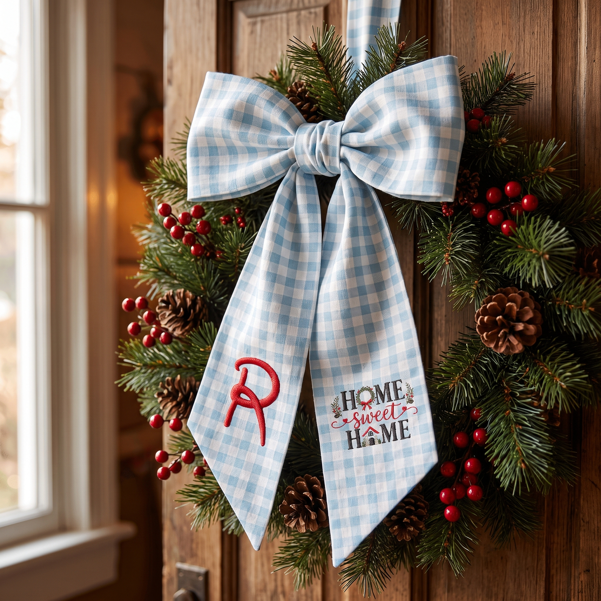Custom Monogram Home Sweet Home Embroidered Linen Door Wreath Sash, Personalized Initial Wreath House Typography Holiday Wreath Sash & Front Door Decor
