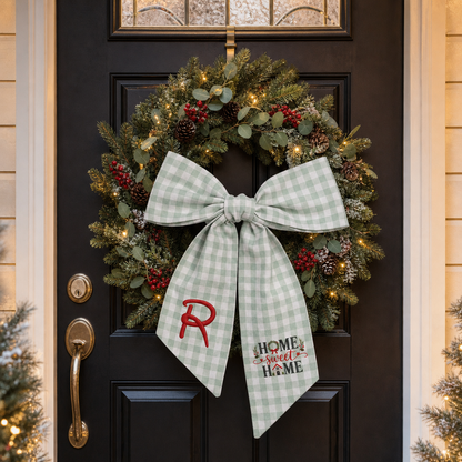 Custom Monogram Home Sweet Home Embroidered Linen Door Wreath Sash, Personalized Initial Wreath House Typography Holiday Wreath Sash & Front Door Decor