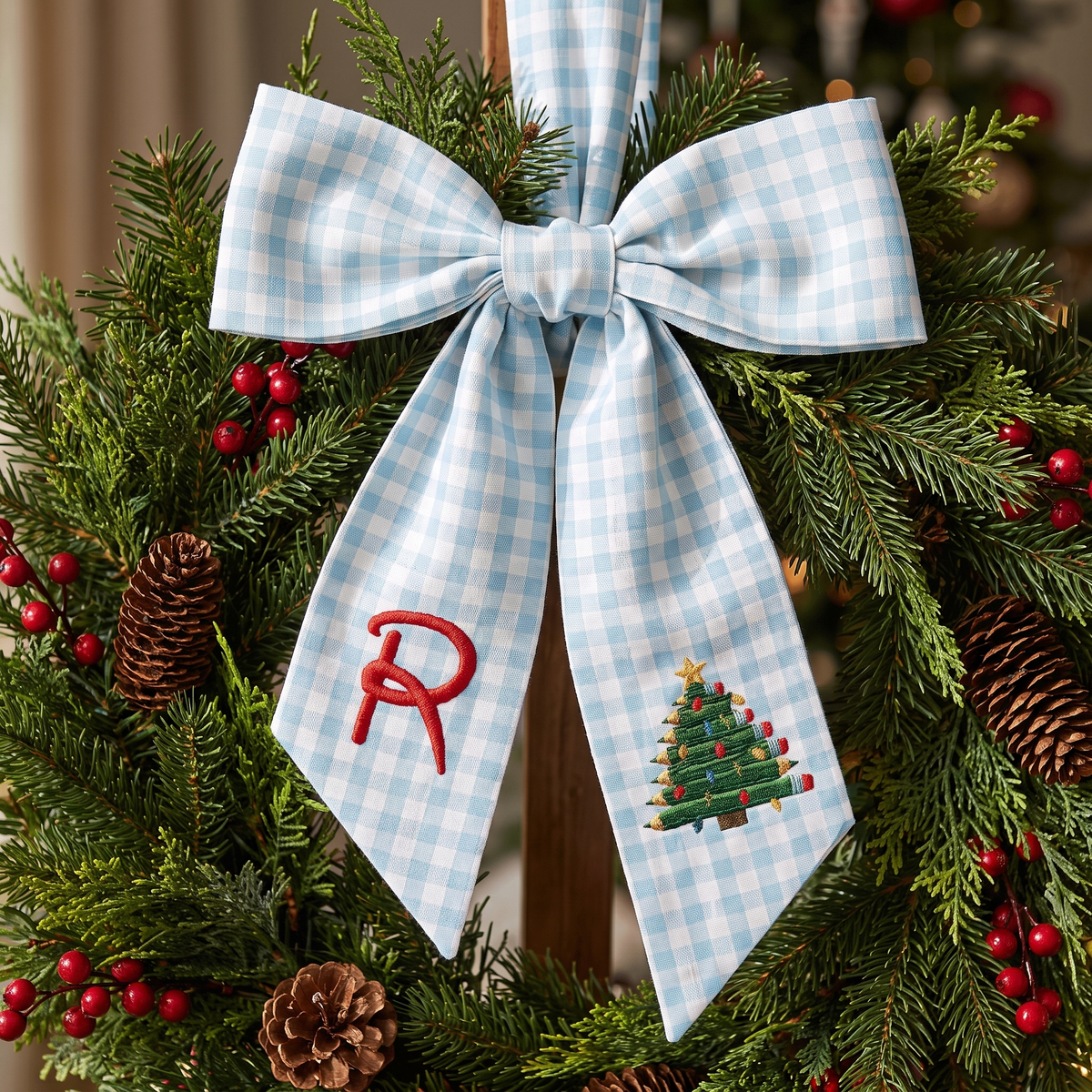 Custom Monogram Pencil Christmas Tree Embroidered Linen Door Wreath Sash, Personalized Initial Teacher School Pencil Tree Lights Holiday Wreath Sash & Front Door Decor