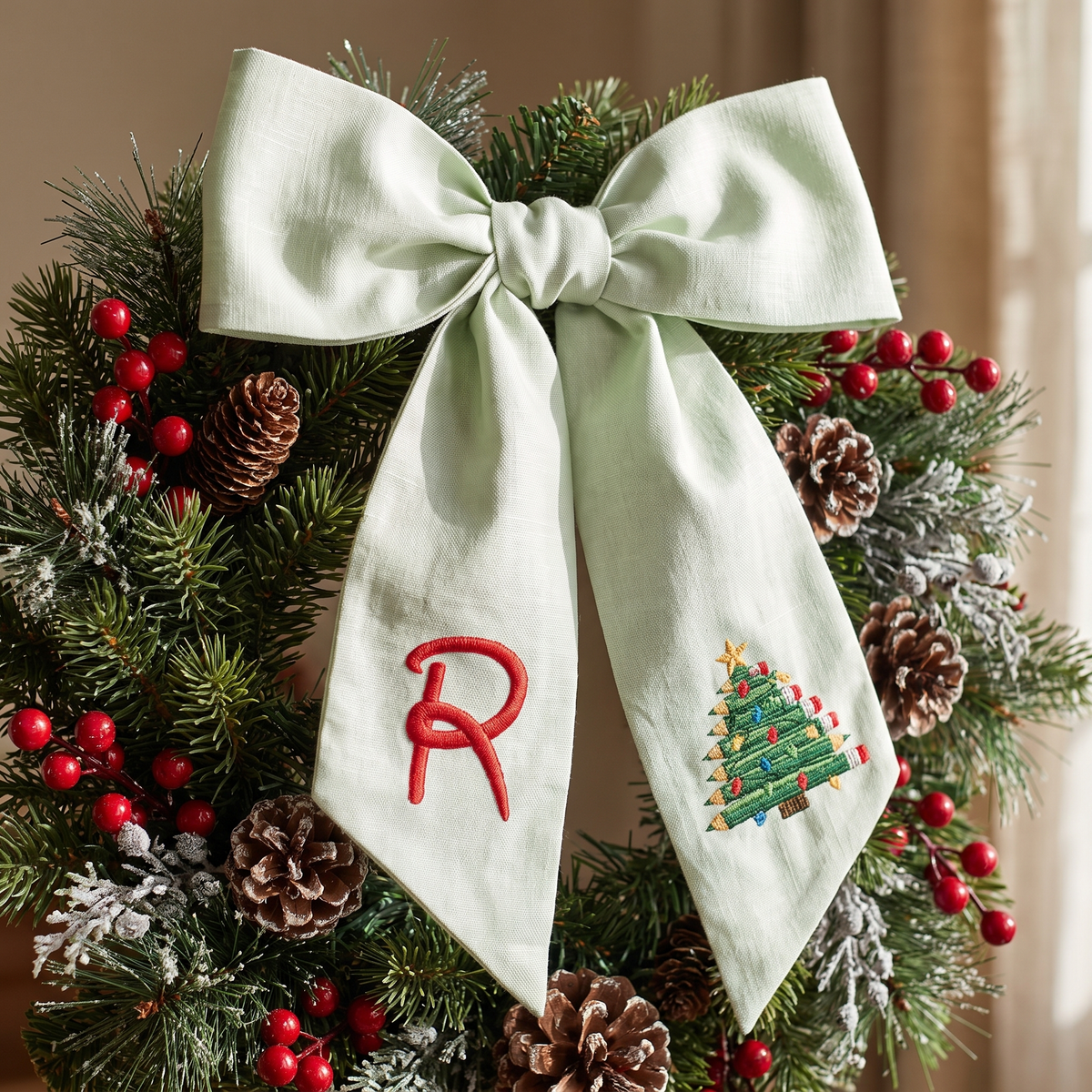 Custom Monogram Pencil Christmas Tree Embroidered Linen Door Wreath Sash, Personalized Initial Teacher School Pencil Tree Lights Holiday Wreath Sash & Front Door Decor