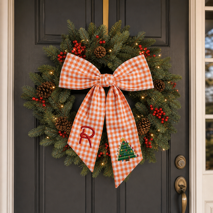 Custom Monogram Pencil Christmas Tree Embroidered Linen Door Wreath Sash, Personalized Initial Teacher School Pencil Tree Lights Holiday Wreath Sash & Front Door Decor