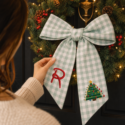 Custom Monogram Pencil Christmas Tree Embroidered Linen Door Wreath Sash, Personalized Initial Teacher School Pencil Tree Lights Holiday Wreath Sash & Front Door Decor