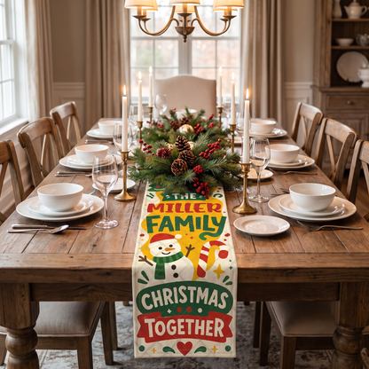 Personalized Family Name Merry Christmas Quilt Table Runner, Custom Gingerbread & Snowman Quilted Table Runner Decor, Farmhouse Festive Xmas Dining Room Table Topper