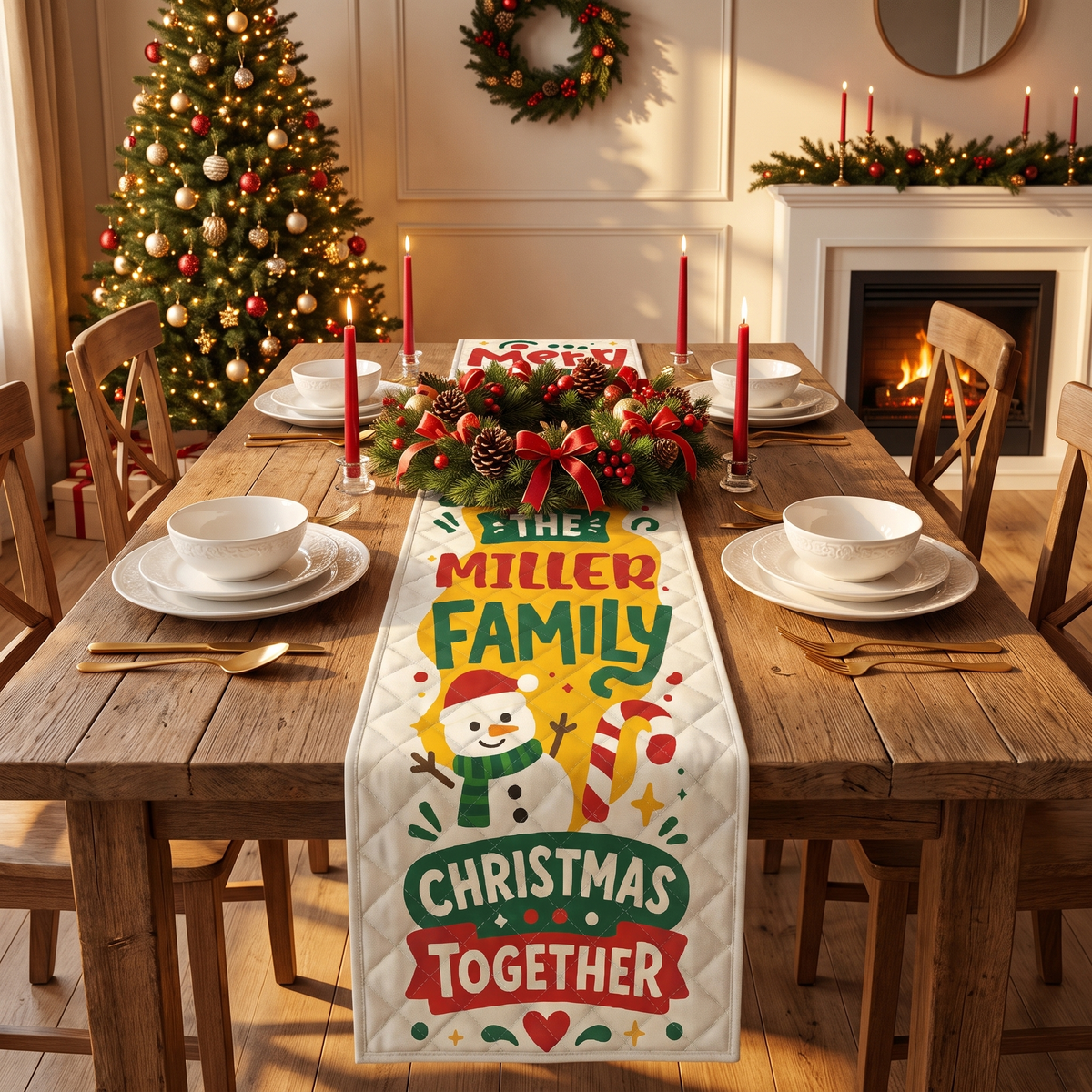 Personalized Family Name Merry Christmas Quilt Table Runner, Custom Gingerbread & Snowman Quilted Table Runner Decor, Farmhouse Festive Xmas Dining Room Table Topper