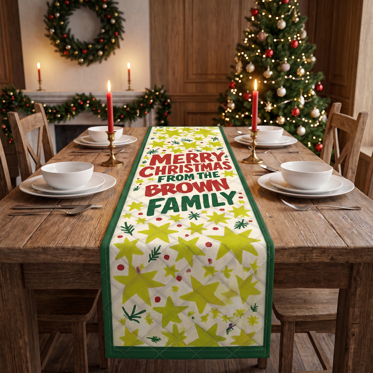 Personalized Family Name Golden Stars Christmas Quilt Table Runner, Custom Retro Typography Quilted Table Runner Decor, Festive Holiday Dining Room Table Topper