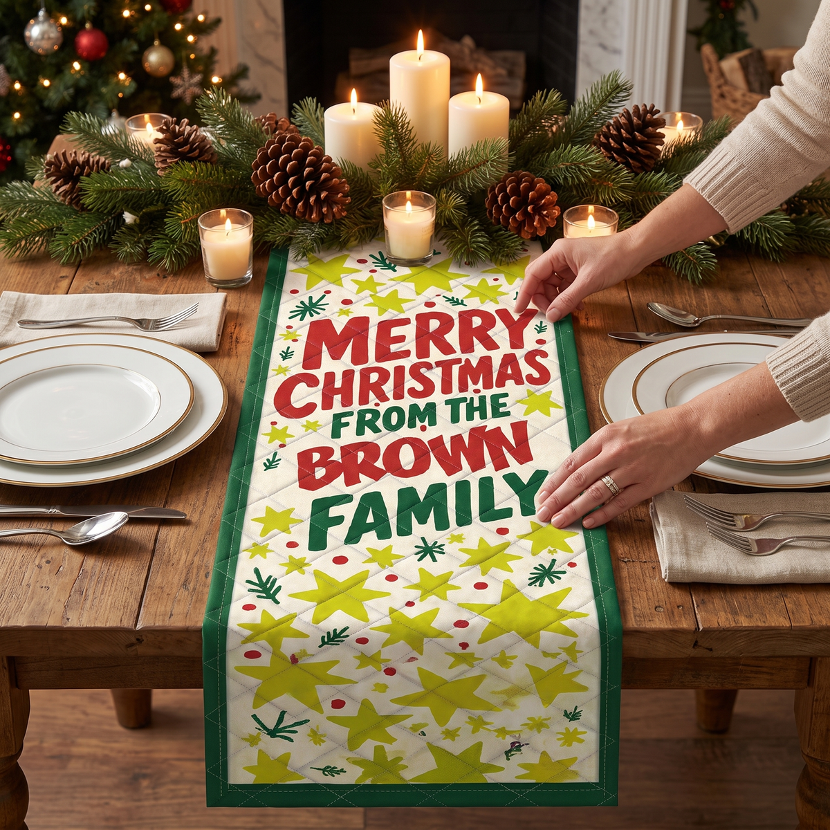 Personalized Family Name Golden Stars Christmas Quilt Table Runner, Custom Retro Typography Quilted Table Runner Decor, Festive Holiday Dining Room Table Topper