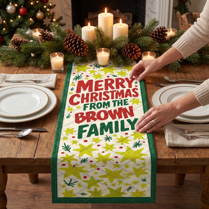 Personalized Family Name Golden Stars Christmas Quilt Table Runner, Custom Retro Typography Quilted Table Runner Decor, Festive Holiday Dining Room Table Topper