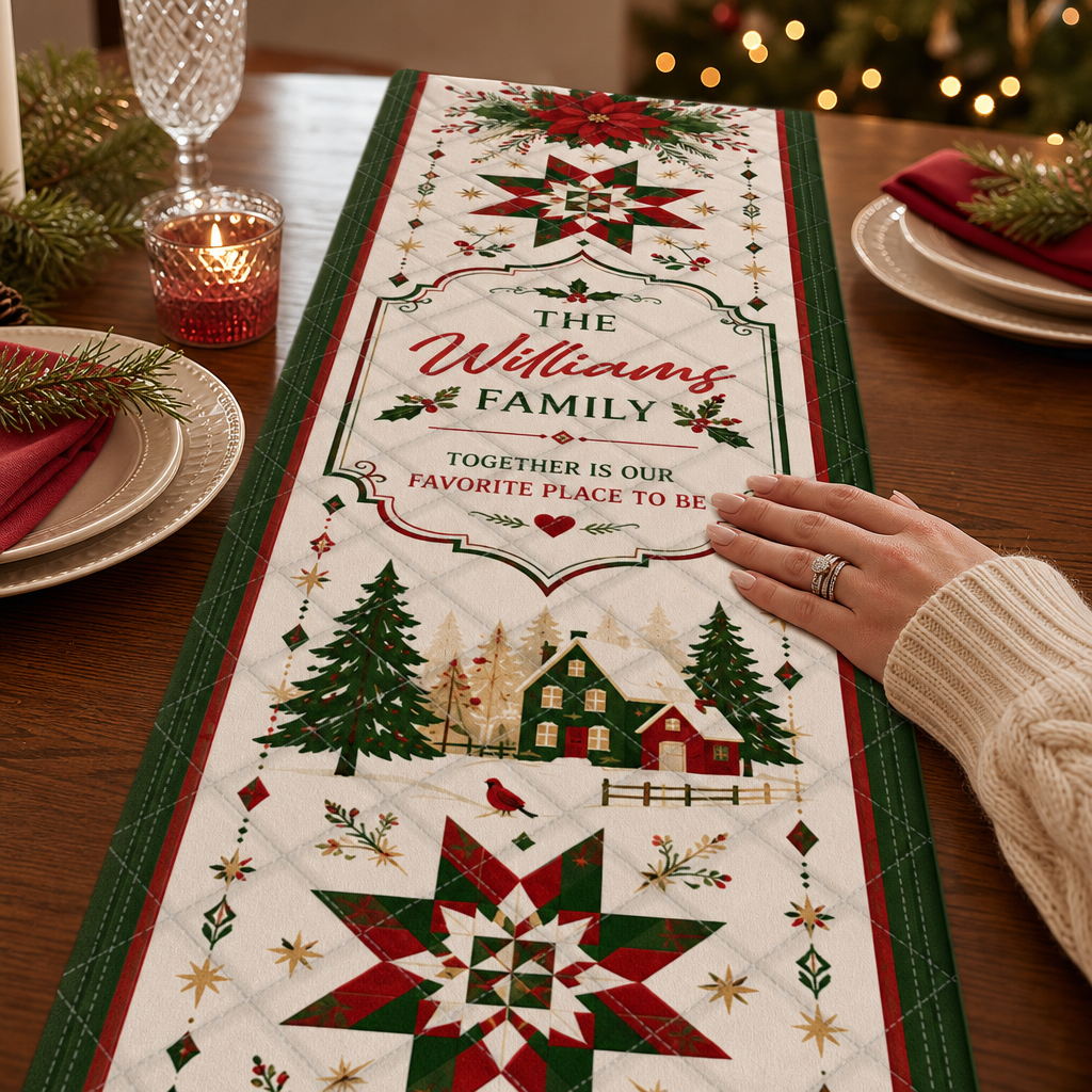 Personalized Family Name Christmas Patchwork Quilt Table Runner, Custom Barn Star & Poinsettia Quilted Table Runner Decor, Vintage Farmhouse Holiday Dining Table Topper