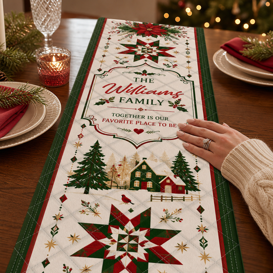 Hand on a cream quilt runner with custom family name, Together Is Our Favorite Place to Be, barn star, farmhouse and poinsettia