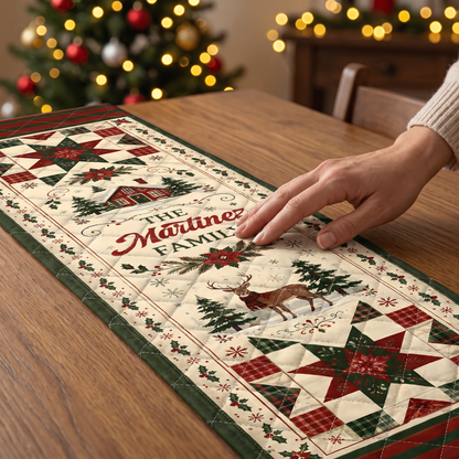 Personalized Family Name Plaid Star & Winter Reindeer Quilt Table Runner, Custom Christmas Cabin Quilted Table Topper Decor, Vintage Farmhouse Holiday Dining Table Runner