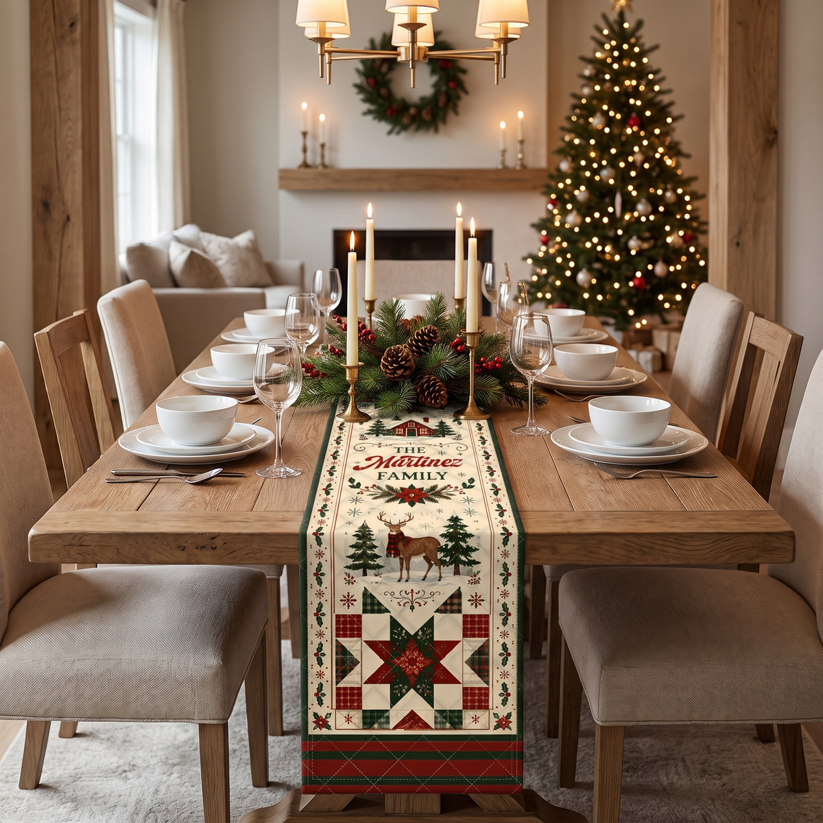 Personalized Family Name Plaid Star & Winter Reindeer Quilt Table Runner, Custom Christmas Cabin Quilted Table Topper Decor, Vintage Farmhouse Holiday Dining Table Runner