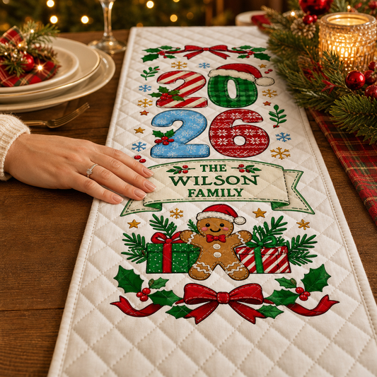 Close up of a hand on a quilted Christmas 2026 runner showing candy stripe and knit style numbers and family banner