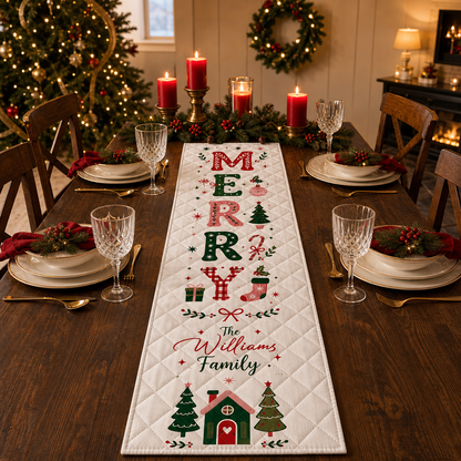 Personalized Family Name Vertical MERRY Christmas Quilt Table Runner, Custom Whimsical Holiday Icon Quilted Table Runner Decor, Festive Dining Room Table Topper
