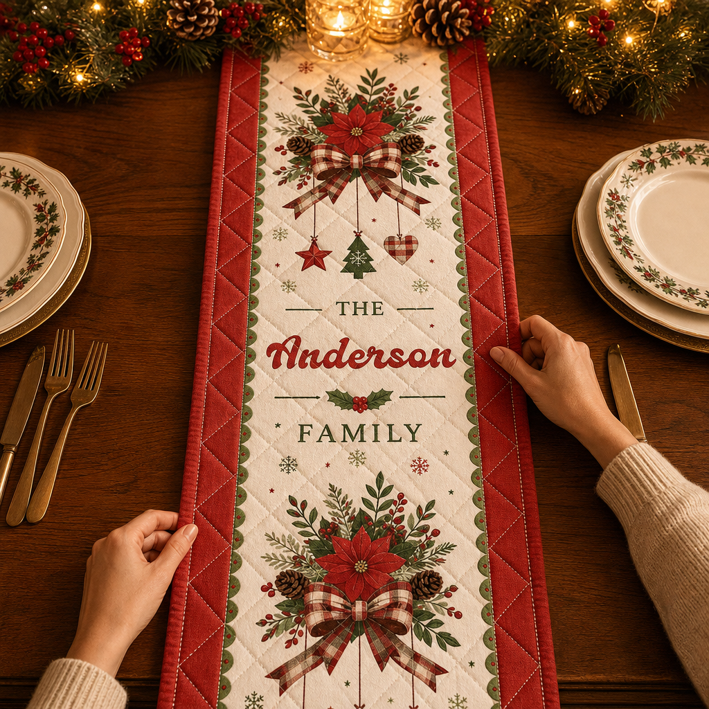 Personalized Family Name Poinsettia Plaid Bow Quilt Table Runner, Custom Elegant Floral Christmas Quilted Table Runner Decor, Festive Holiday Dining Room Table Topper