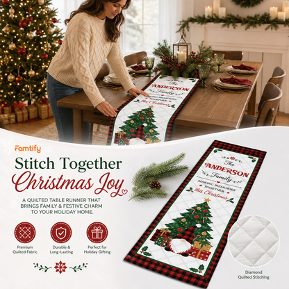 Personalized Family Name Buffalo Plaid Gnome Christmas Quilt Table Runner, Custom Christmas Tree & Presents Quilted Table Runner Decor, Rustic Farmhouse Holiday Table Topper