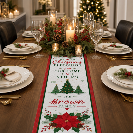 Christmas Blessings poinsettia and pine runner with red border under a candle and berry centerpiece