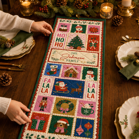 Hands placing a retro postage stamp quilt runner with Ho Ho Ho, Fa La La, Santa sleigh, nutcracker and custom family name