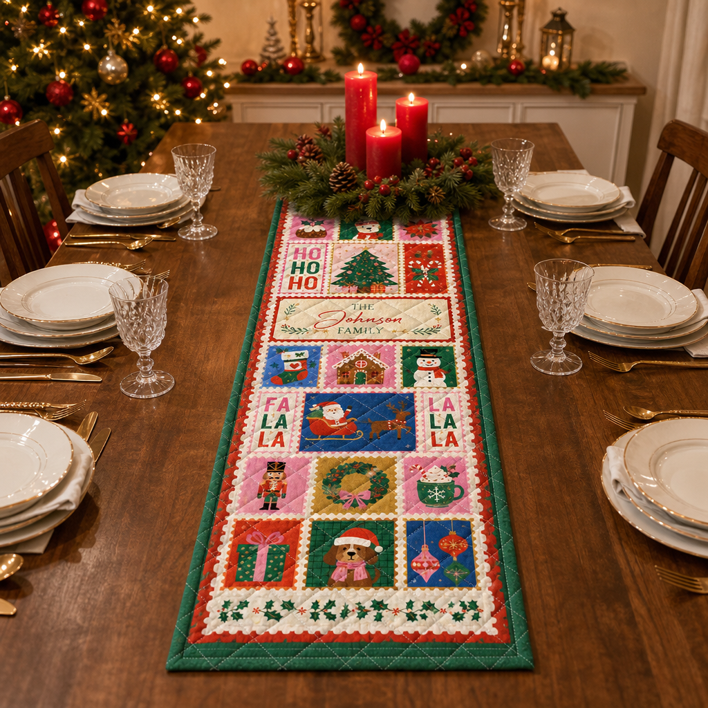 Personalized Family Name Christmas Stamps Quilt Table Runner, Custom Retro Postage Stamp Quilted Table Runner Decor, Whimsical Holiday Dining Room Table Topper