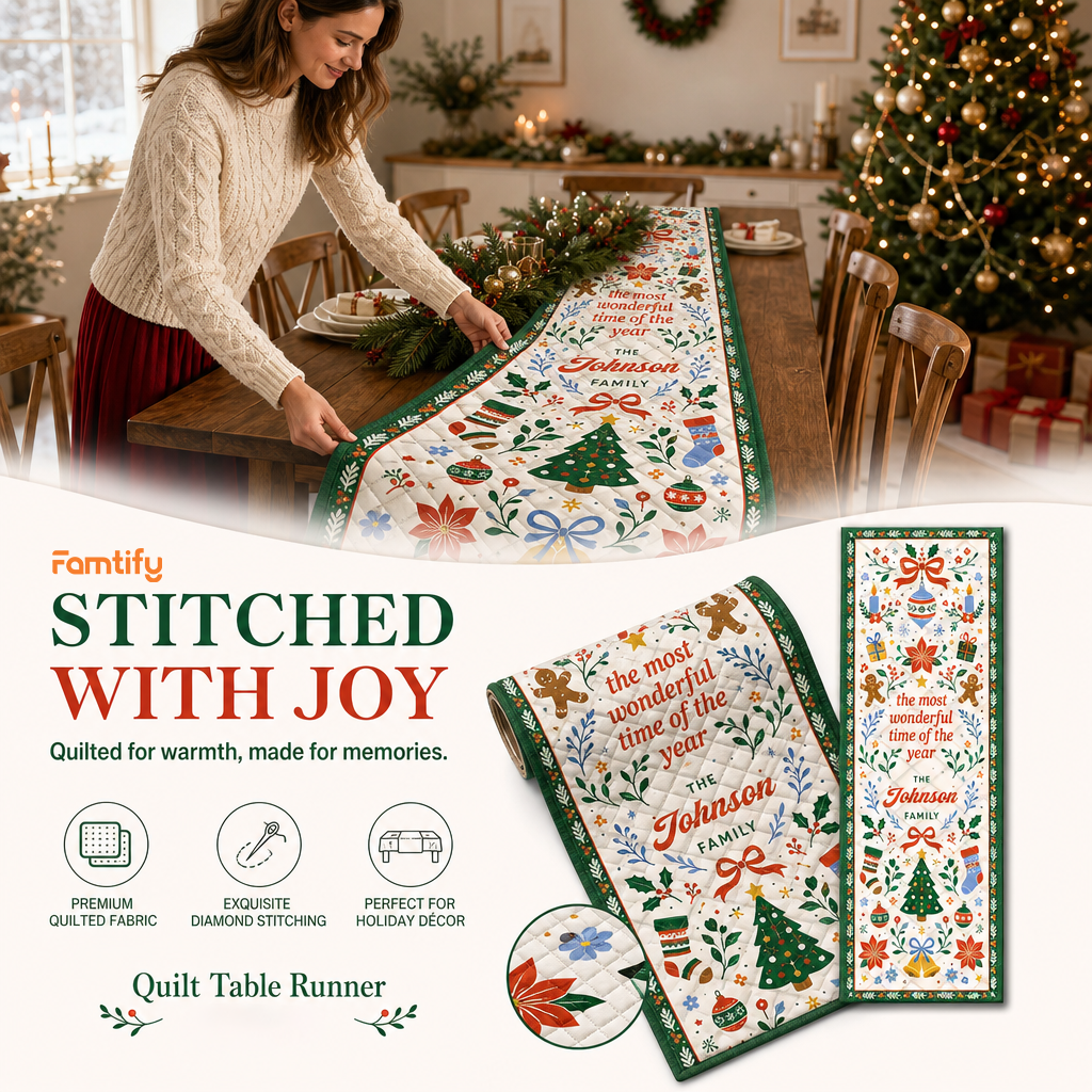 Personalized Family Name Wonderful Time Folk Art Quilt Table Runner, Custom Gingerbread & Tree Christmas Quilted Table Runner Decor, Festive Holiday Dining Room Table Topper