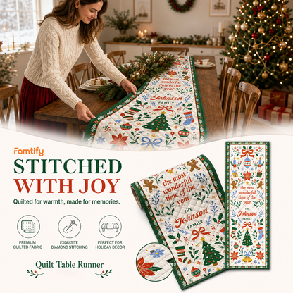 Personalized Family Name Wonderful Time Folk Art Quilt Table Runner, Custom Gingerbread & Tree Christmas Quilted Table Runner Decor, Festive Holiday Dining Room Table Topper