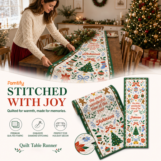 Banner reading Stitched with Joy, woman setting a folk art Christmas quilt runner with rolled runner and icons