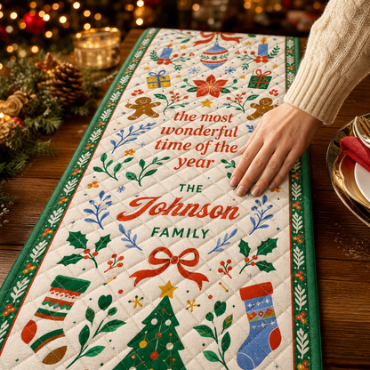 Personalized Family Name Wonderful Time Folk Art Quilt Table Runner, Custom Gingerbread & Tree Christmas Quilted Table Runner Decor, Festive Holiday Dining Room Table Topper