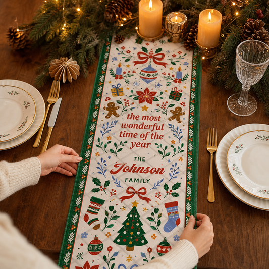 Hands placing a folk art quilt runner reading The Most Wonderful Time of the Year with custom family name, gingerbread, stockings and tree