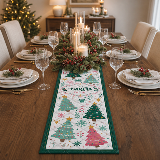 Whimsical pastel Christmas trees quilt runner with family name under a candle centerpiece on a long dining table
