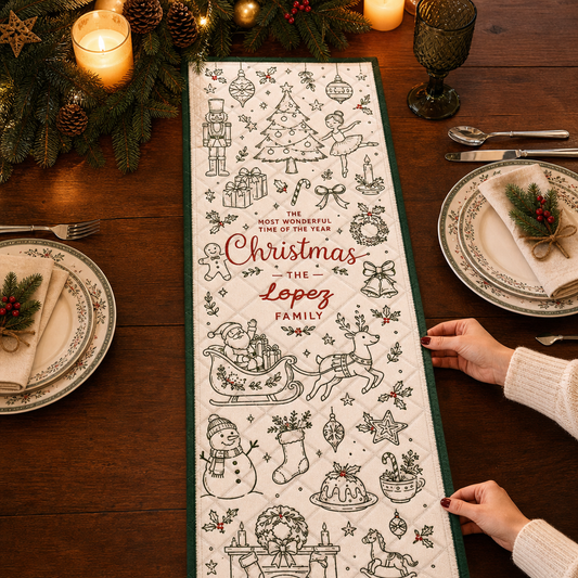 Hands placing a cream quilt runner with green line art of Santa's sleigh, nutcracker, snowman and The Most Wonderful Time of the Year family name
