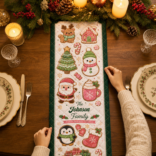 Hands placing a white quilt runner with pastel kawaii gingerbread cookies of Santa, snowman, penguin, reindeer and custom family name