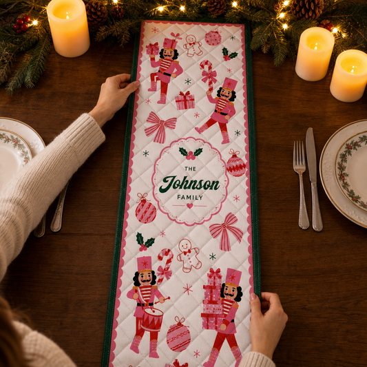 Hands placing a white quilt runner with pink nutcrackers, bows, candy canes and custom family name in a pink frame