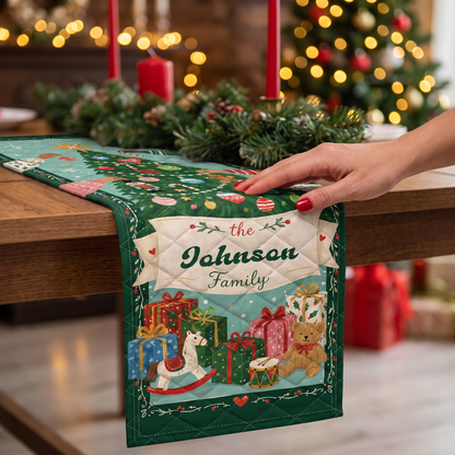 Personalized Decorating The Christmas Tree Quilt Table Runner, Custom Family Name Holiday Quilted Table Runner & Dining Decor