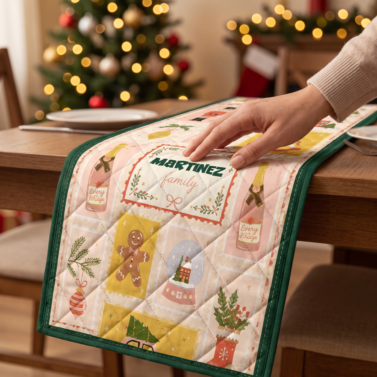 Personalized Vintage Stamp Christmas Quilt Table Runner, Custom Family Name Holiday Postcard Quilted Table Runner & Dining Decor
