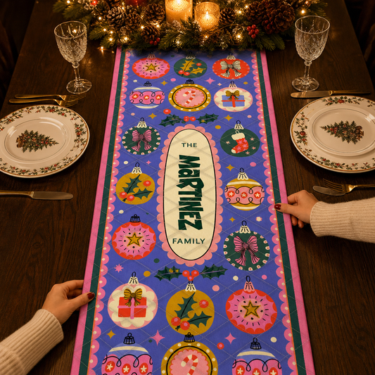 Personalized Vintage Ornaments Christmas Quilt Table Runner, Custom Family Name Colorful Baubles Quilted Holiday Table Runner & Dining Decor