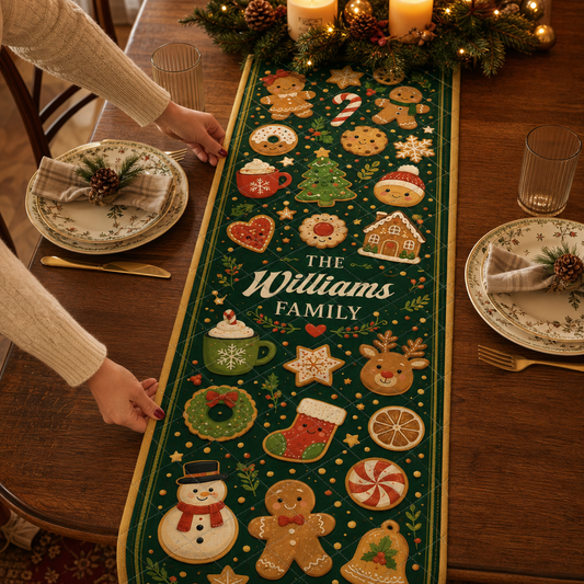 Hands placing a dark green quilt runner with gingerbread men, cookies, peppermints, snowman and custom family name