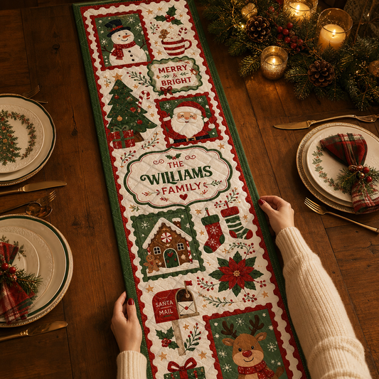 Hands holding a quilt runner of postage stamp squares with snowman, Santa, Merry and Bright, reindeer and custom family name