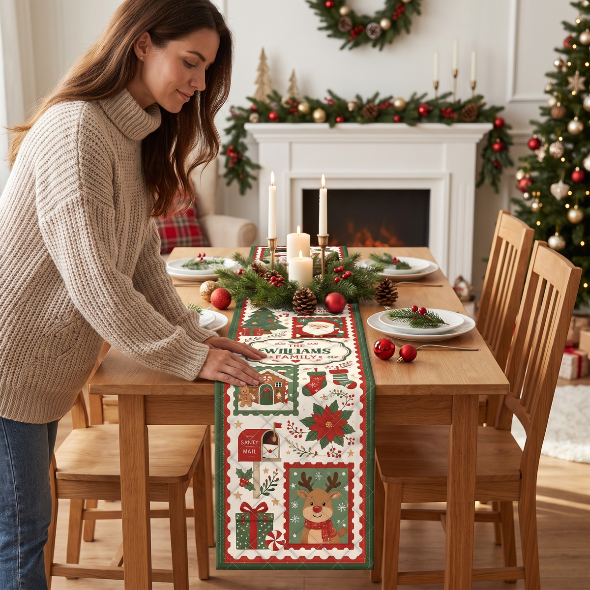 Personalized Merry and Bright Postage Stamp Christmas Quilt Table Runner, Custom Family Name Holiday Scrapbook Quilted Table Runner & Dining Decor